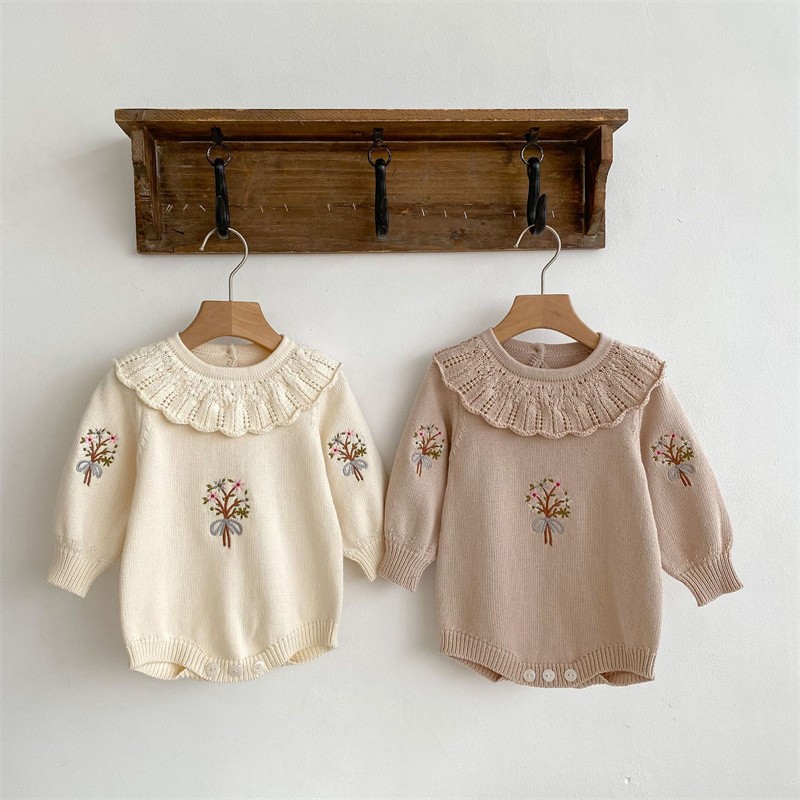 Newborn Baby Girl Romper Floral - Macacão recém-nascido bordado manga comprida, bodysuit