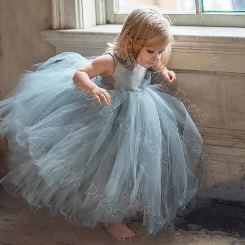 Toddler Girl Tulle Party Dress - Vestido floral azul para meninas, casamento,